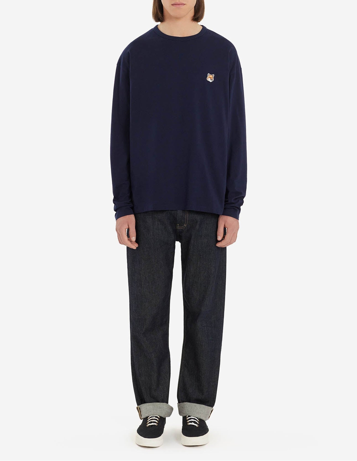 T-shirt Fox Head à manches longues avec écusson - Navy