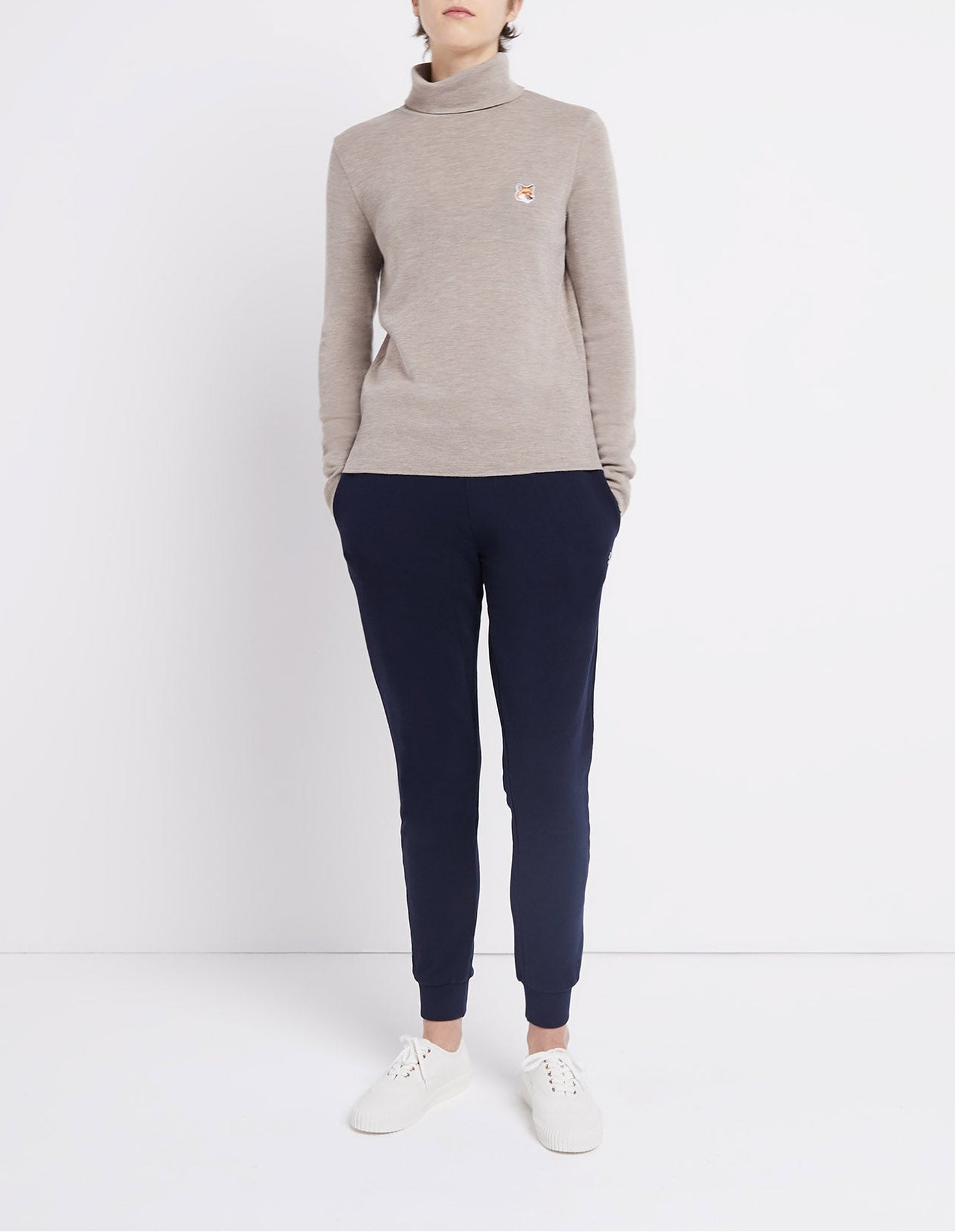 Pull à col roulé et manches longues en laine - Beige Melange