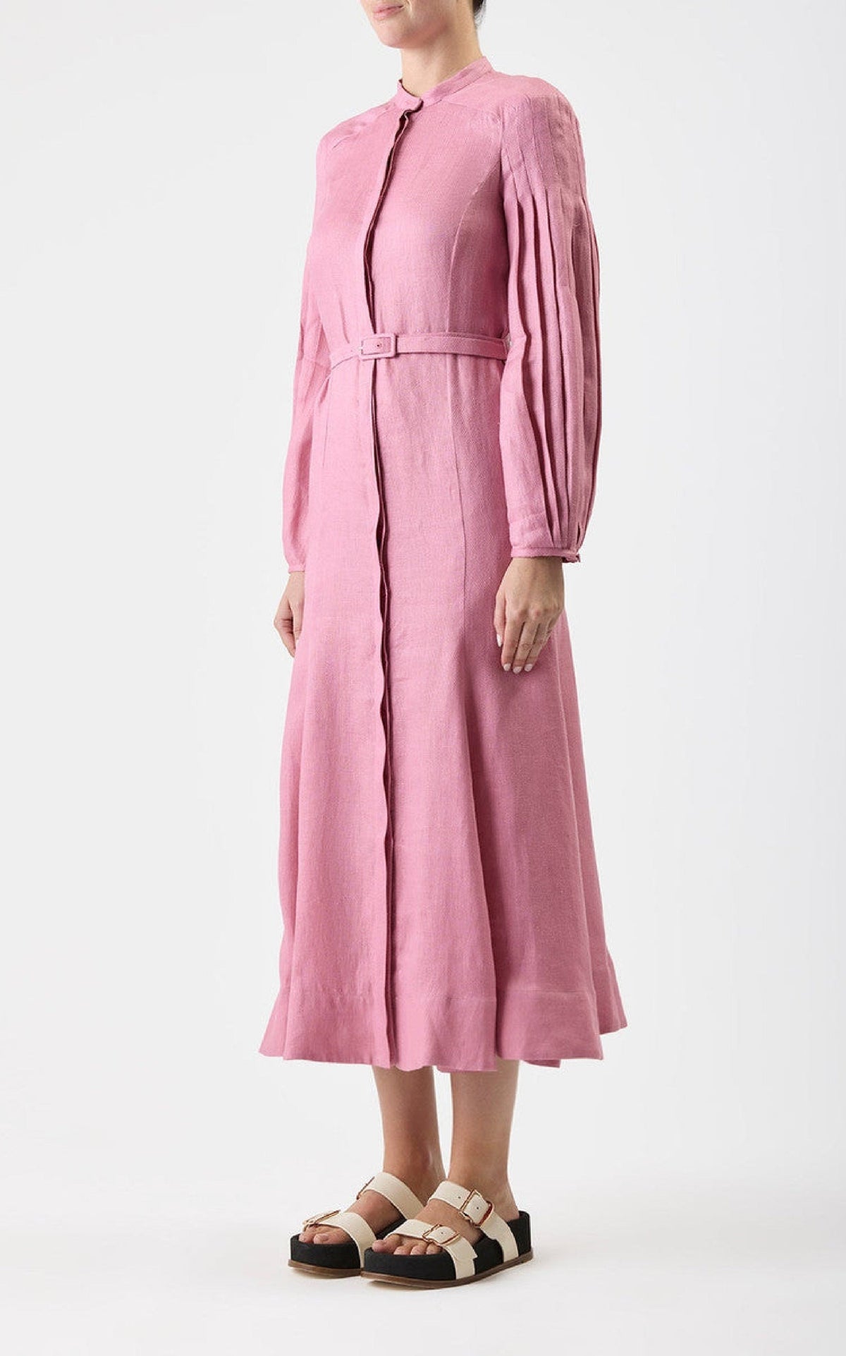 Lydia Dress en quartz rose light basketweave lin