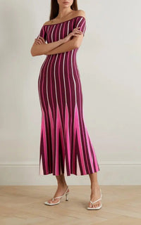 Medea Stripe Dress en lie de vin multicolore antilope mérinos fil