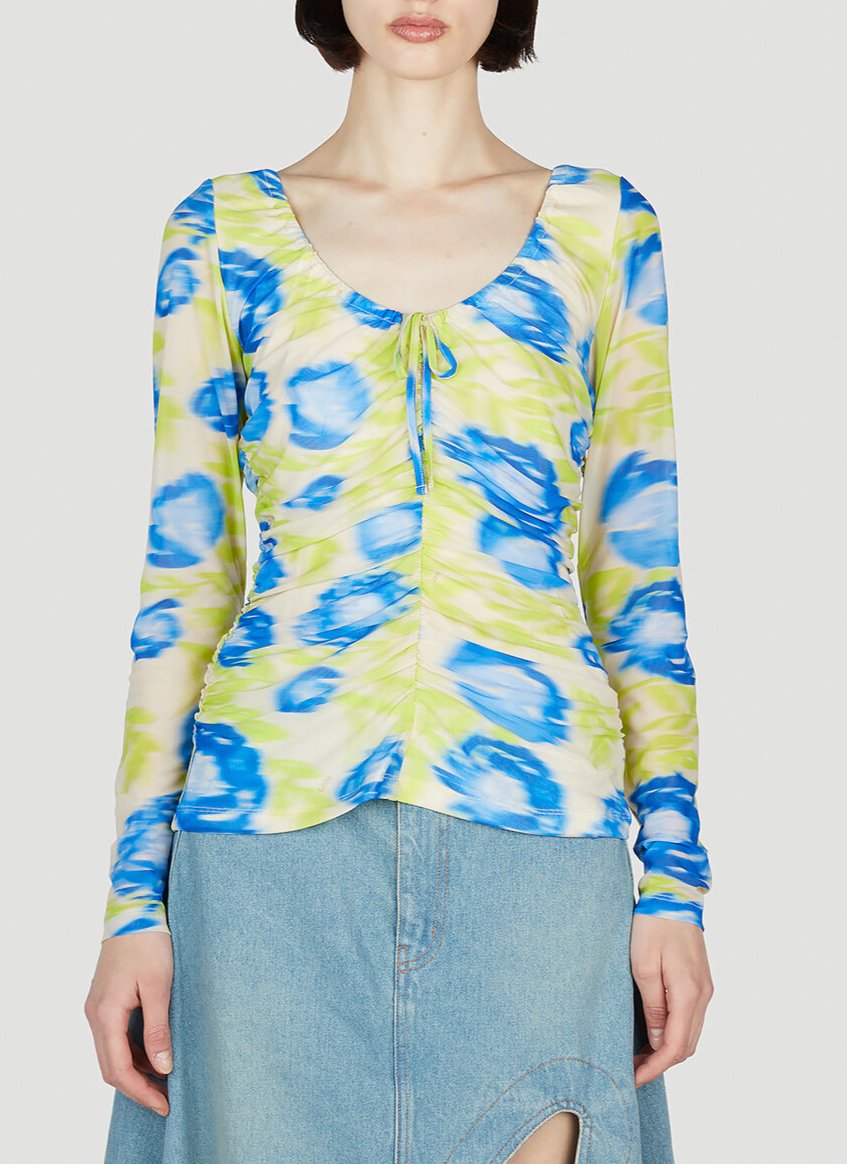 Blouse froncée et décollectée en maille imprimé - Strong Blue