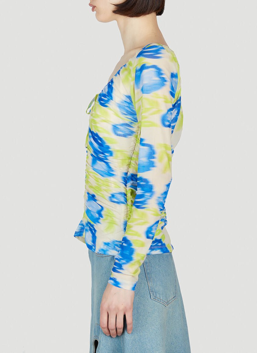 Blouse froncée et décollectée en maille imprimé - Strong Blue