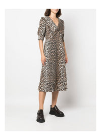 Robe midi à col volanté en denim imprimé - Leopard