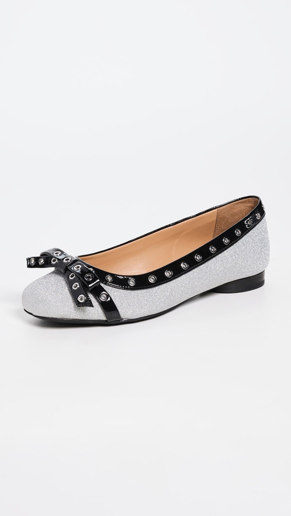 Ballerines pailletées à nœud et œillets en cuir - Silver