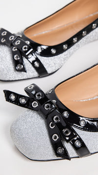 Ballerines pailletées à nœud et œillets en cuir - Silver