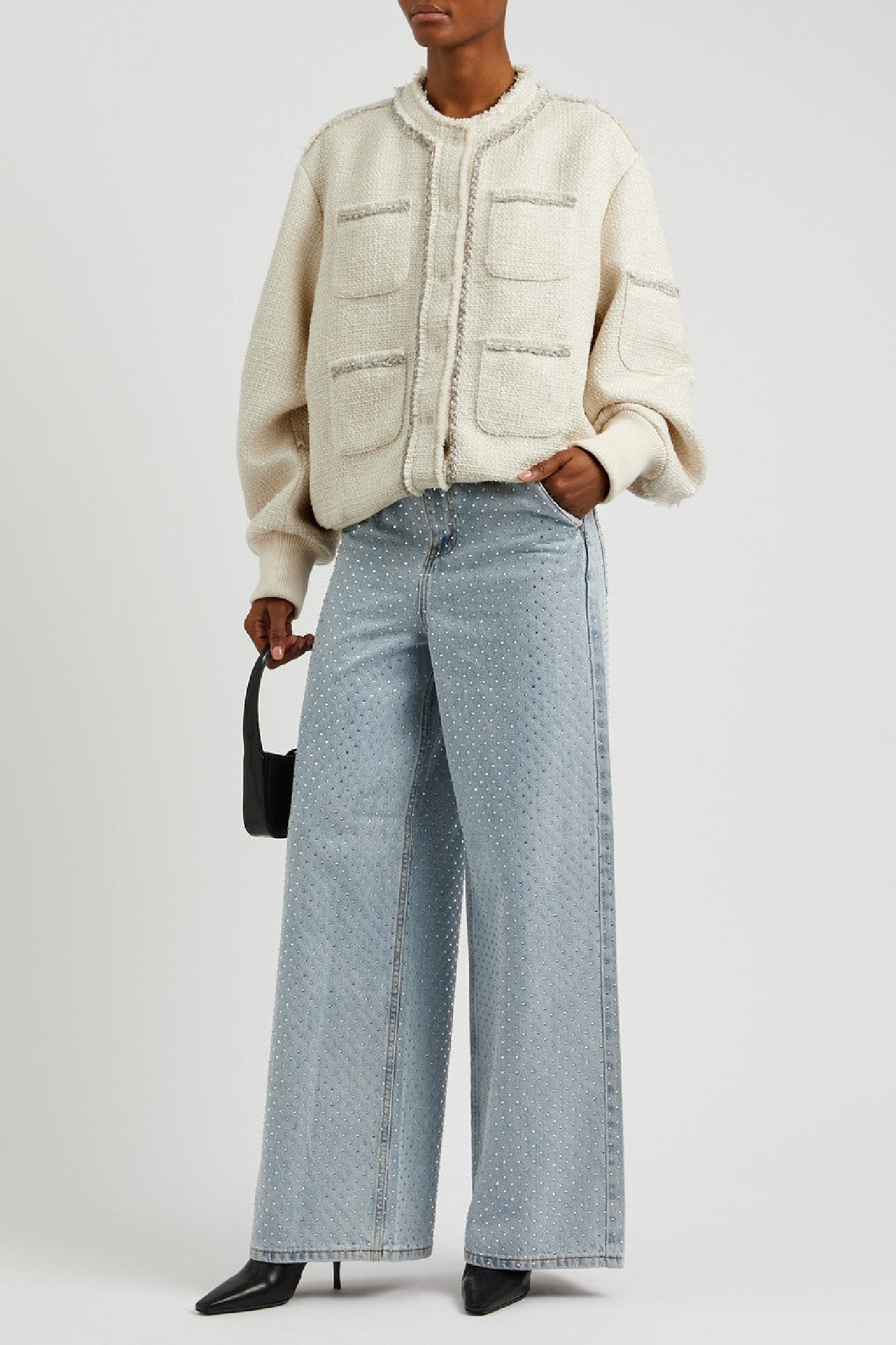 Veste bomber à détails tressés en strass - Milk White