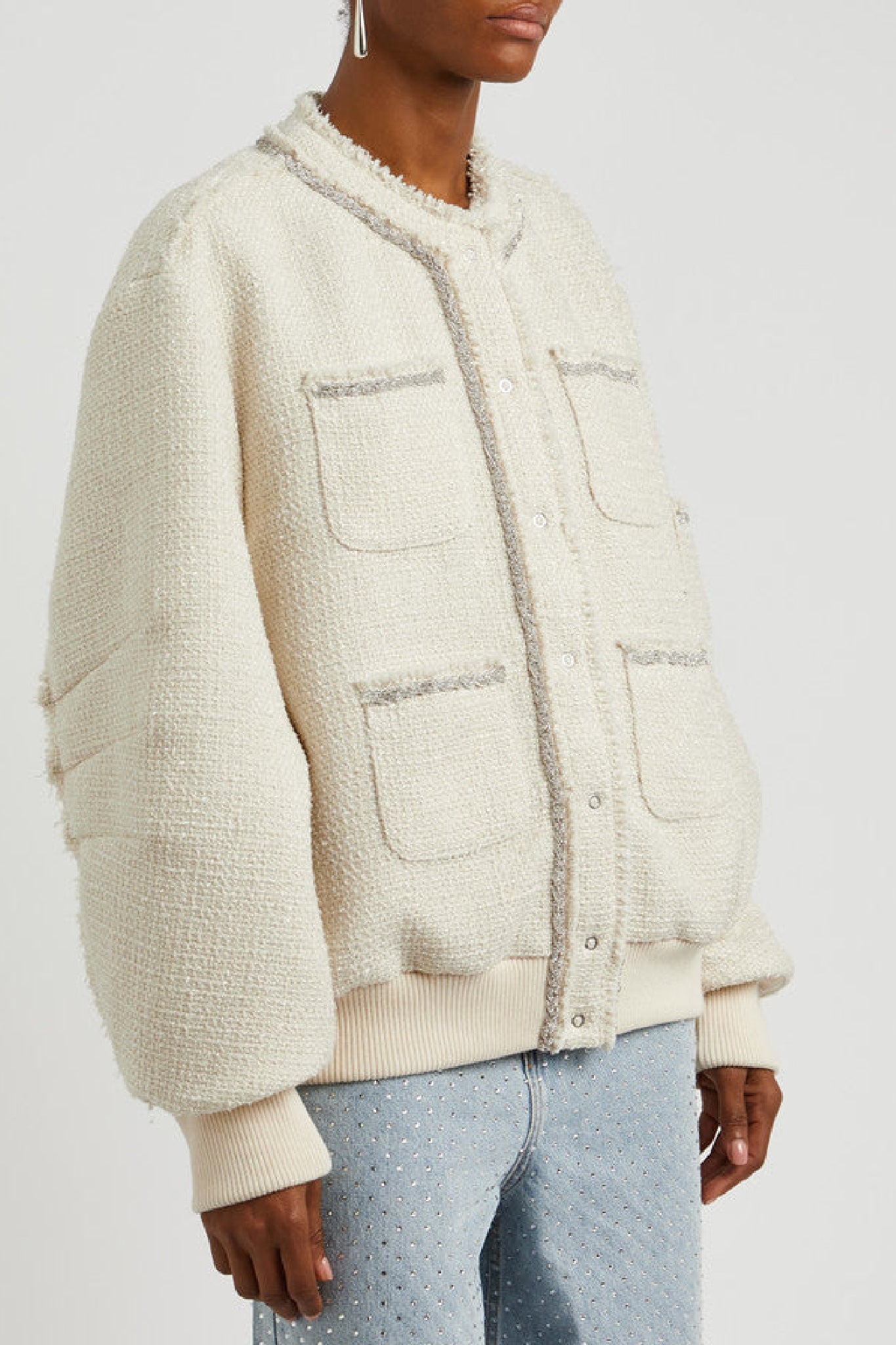 Veste bomber à détails tressés en strass - Milk White