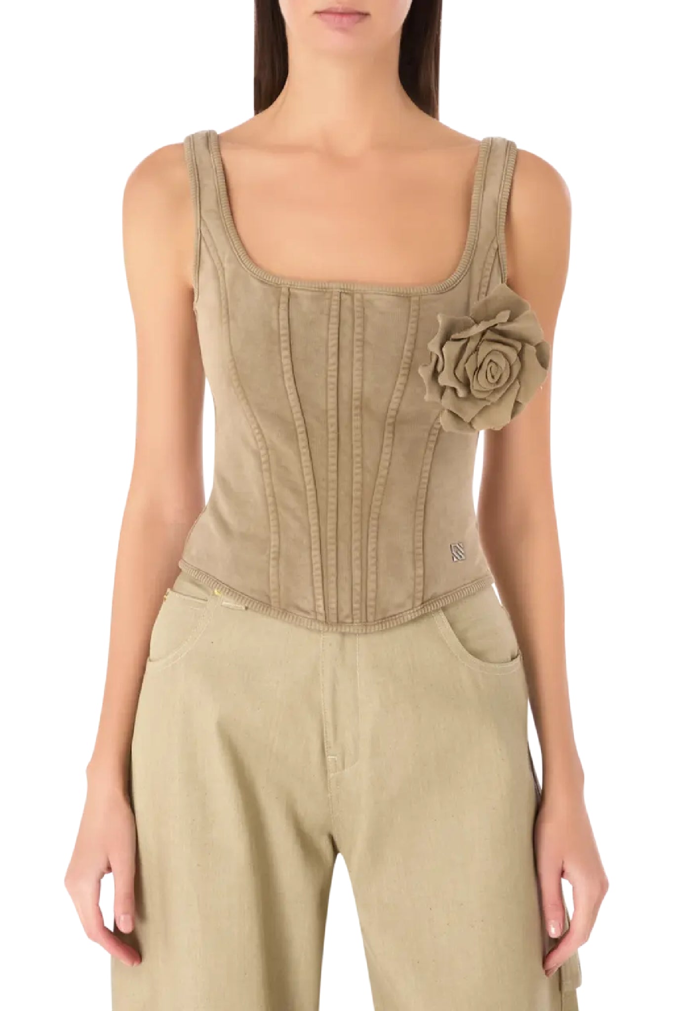 Bustier effet délavé à broche florale - Camel