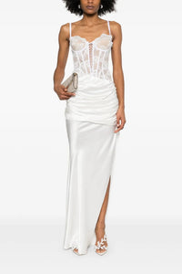 Robe longue satinée à corset en dentelle - Ecru