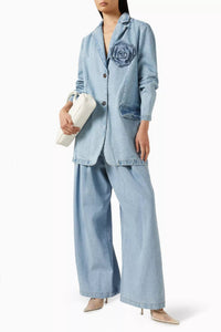 Blazer à fleur appliquée en denim - Blue