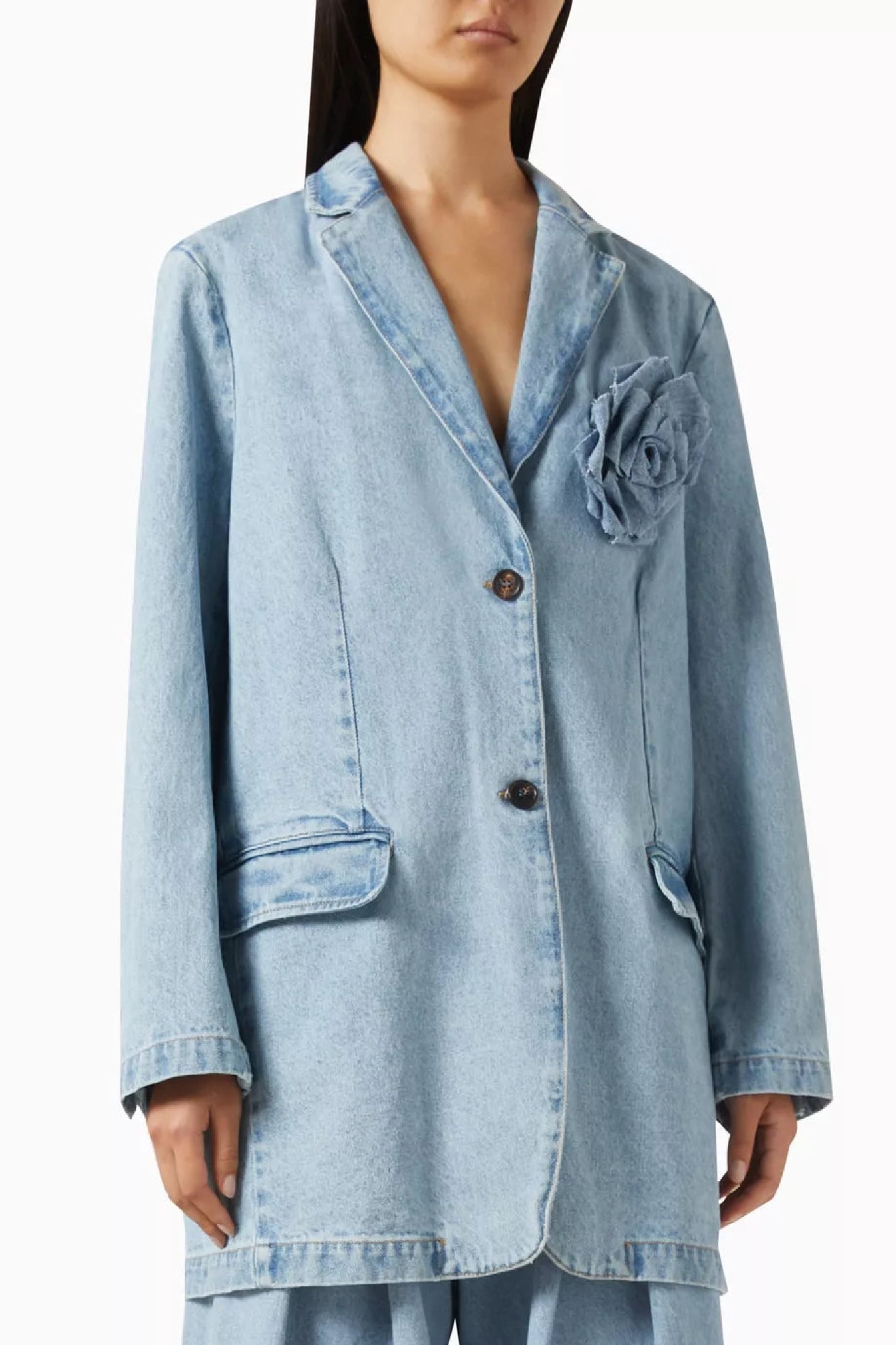Blazer à fleur appliquée en denim - Blue