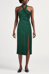 Robe midi imprimé Prince de Galles en laine - Emerald Green