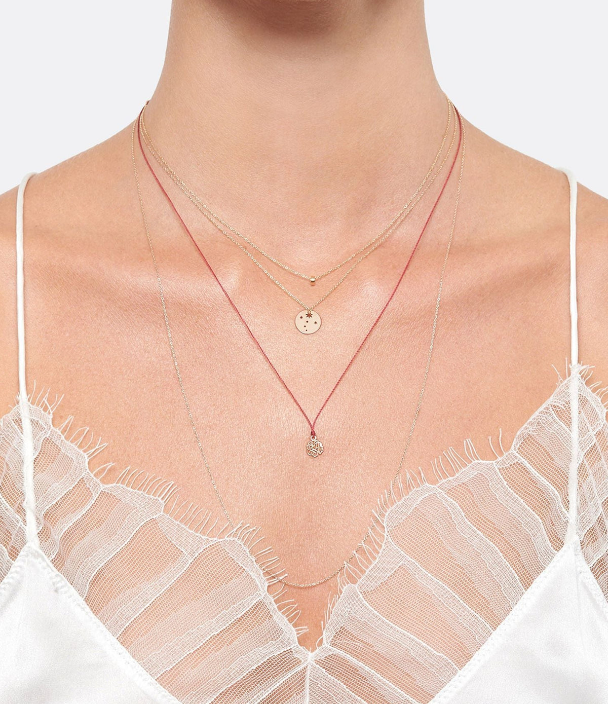 Minis necklace in 18-carat rose gold with a silk cord - Pink