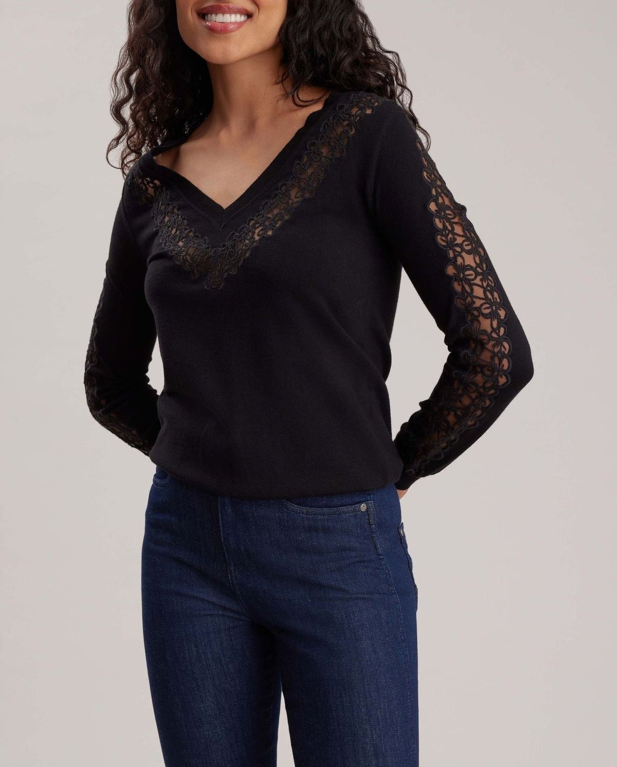 Pull Edmée en tricot ample à dentelle - Black