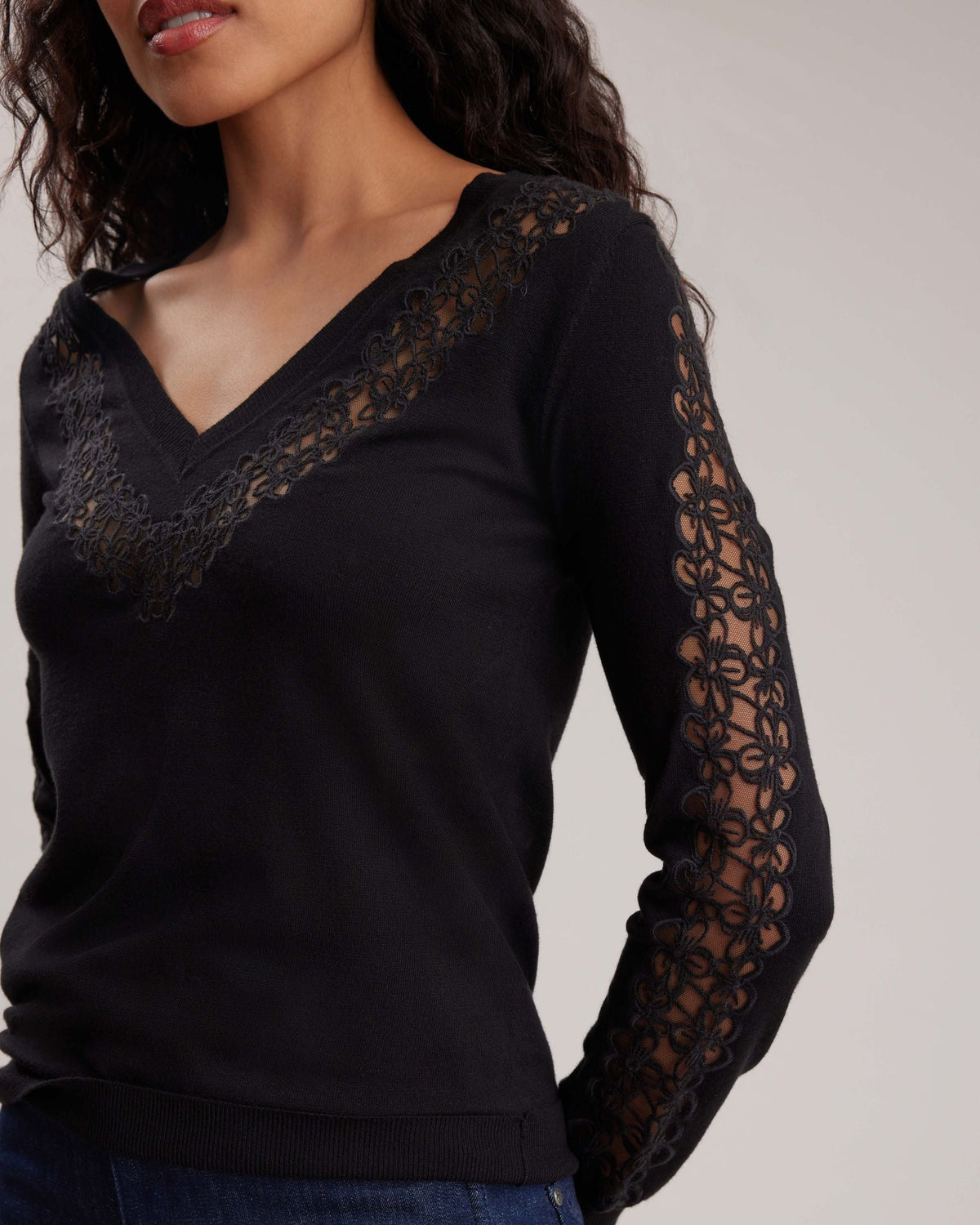 Pull Edmée en tricot ample à dentelle - Black