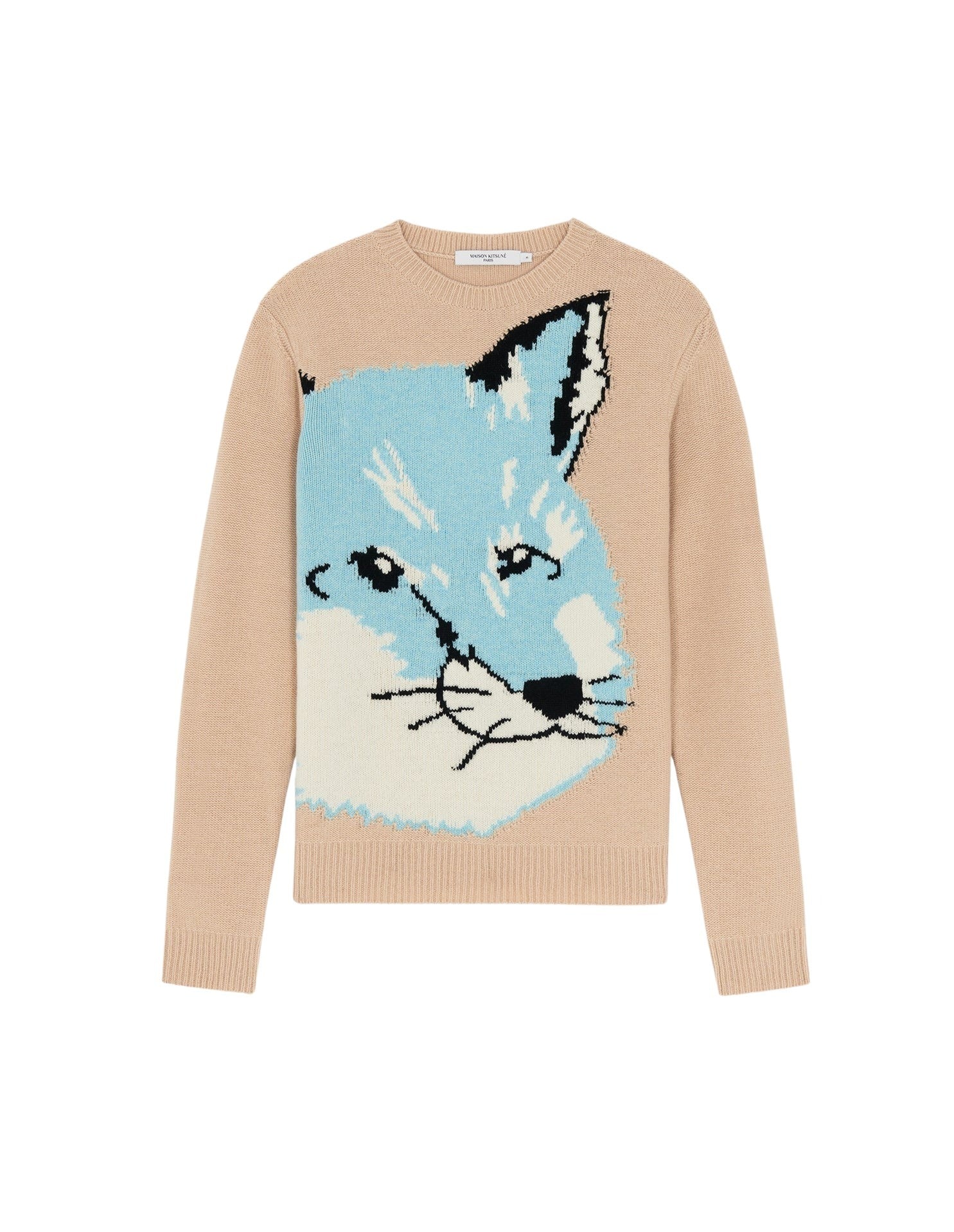 Pull jacquard à manches longues en laine - Beige