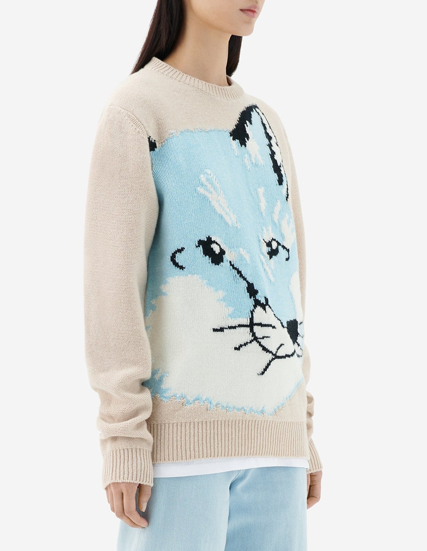 Pull jacquard à manches longues en laine - Beige