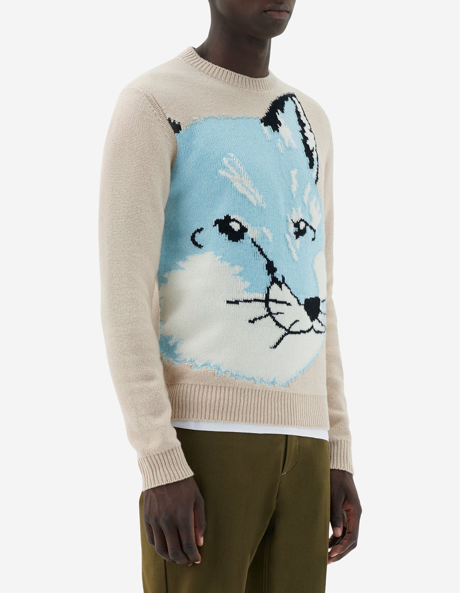 Pull jacquard à manches longues en laine - Beige