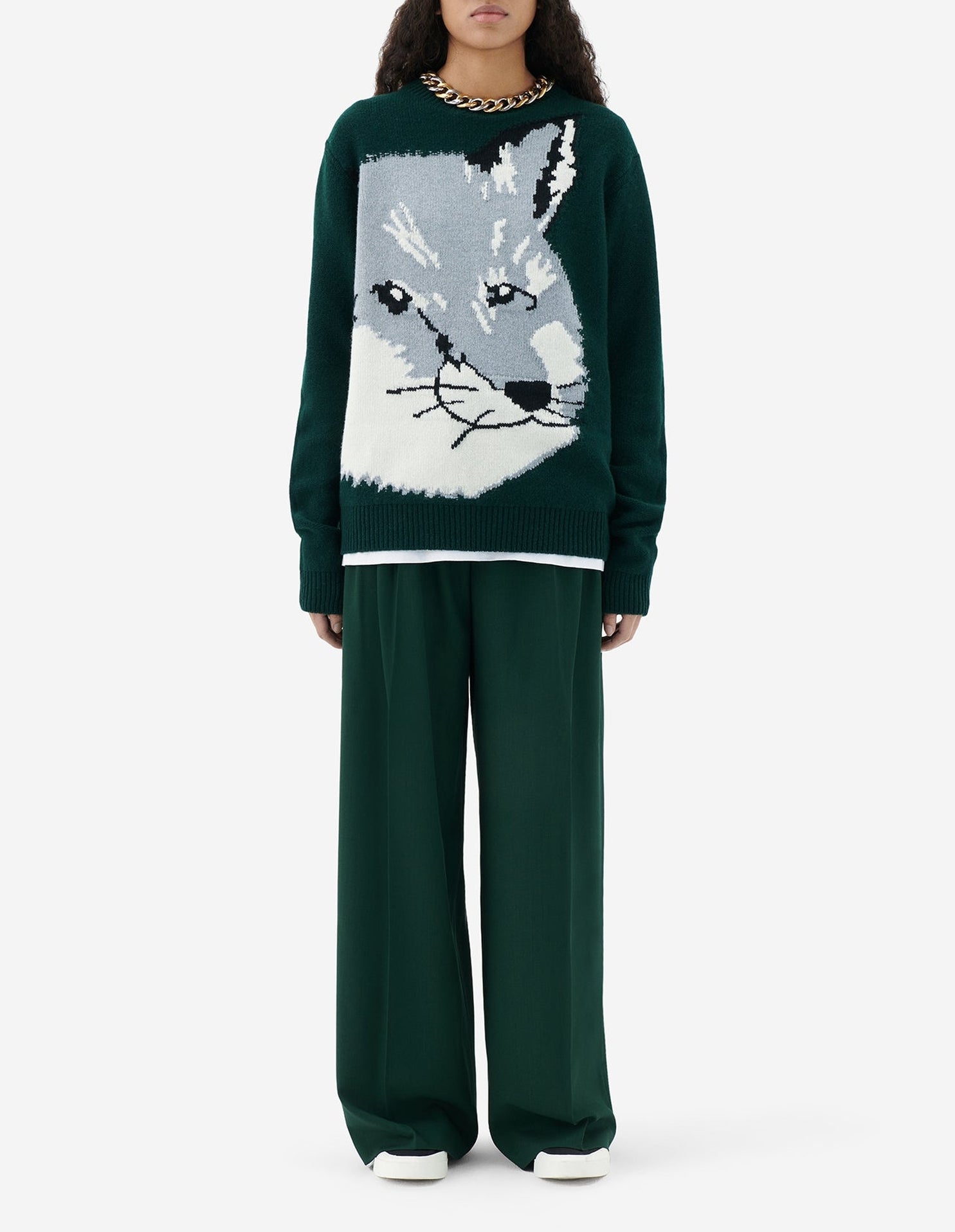 Pull jacquard à manches longues en laine - Dark Green