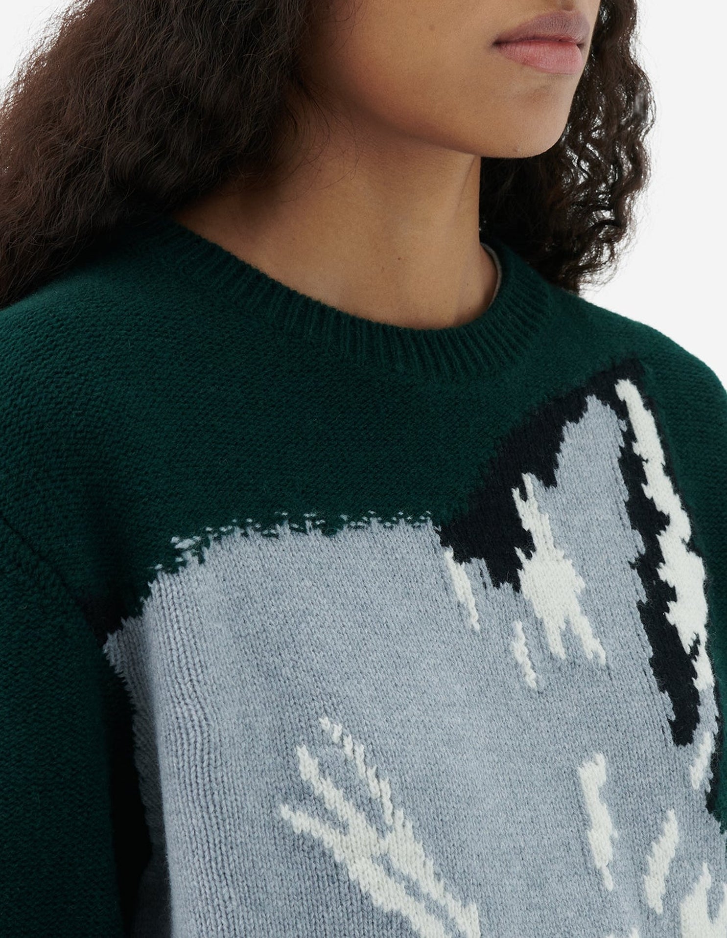 Pull jacquard à manches longues en laine - Dark Green
