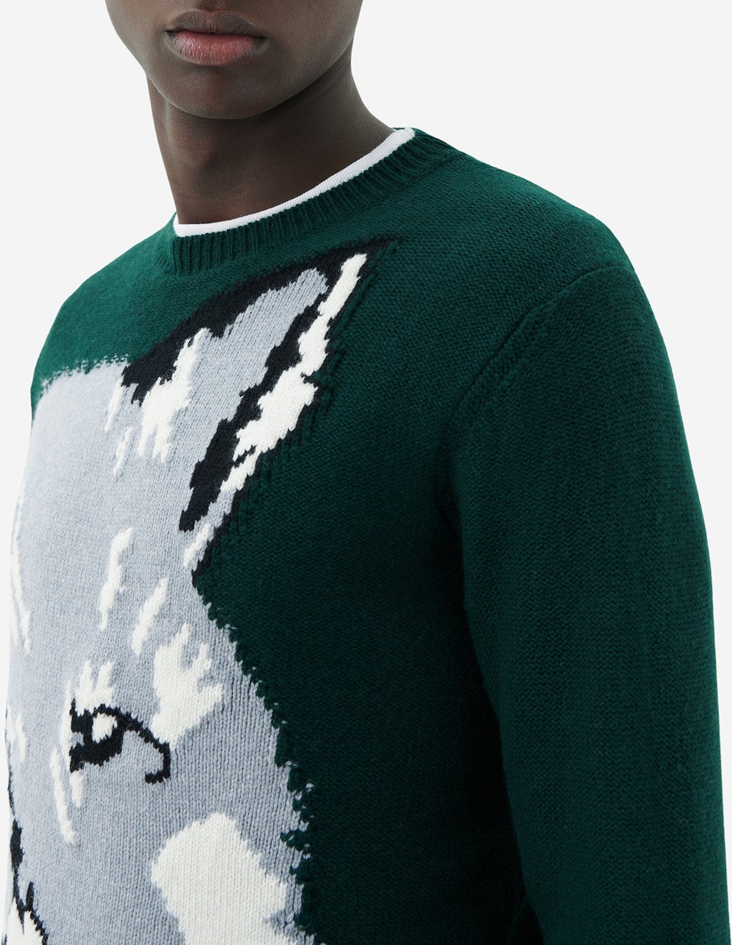 Pull jacquard à manches longues en laine - Dark Green