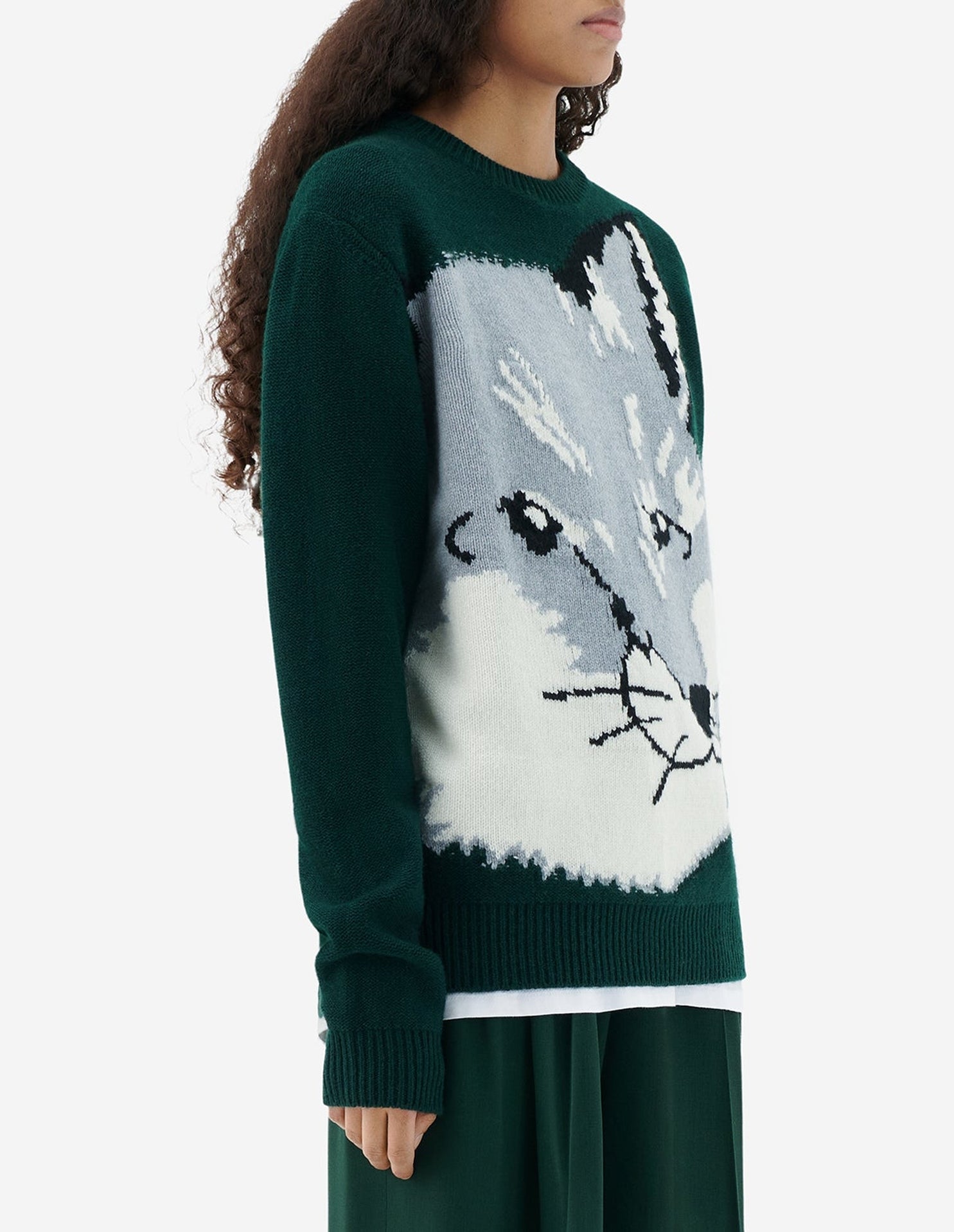 Pull jacquard à manches longues en laine - Dark Green