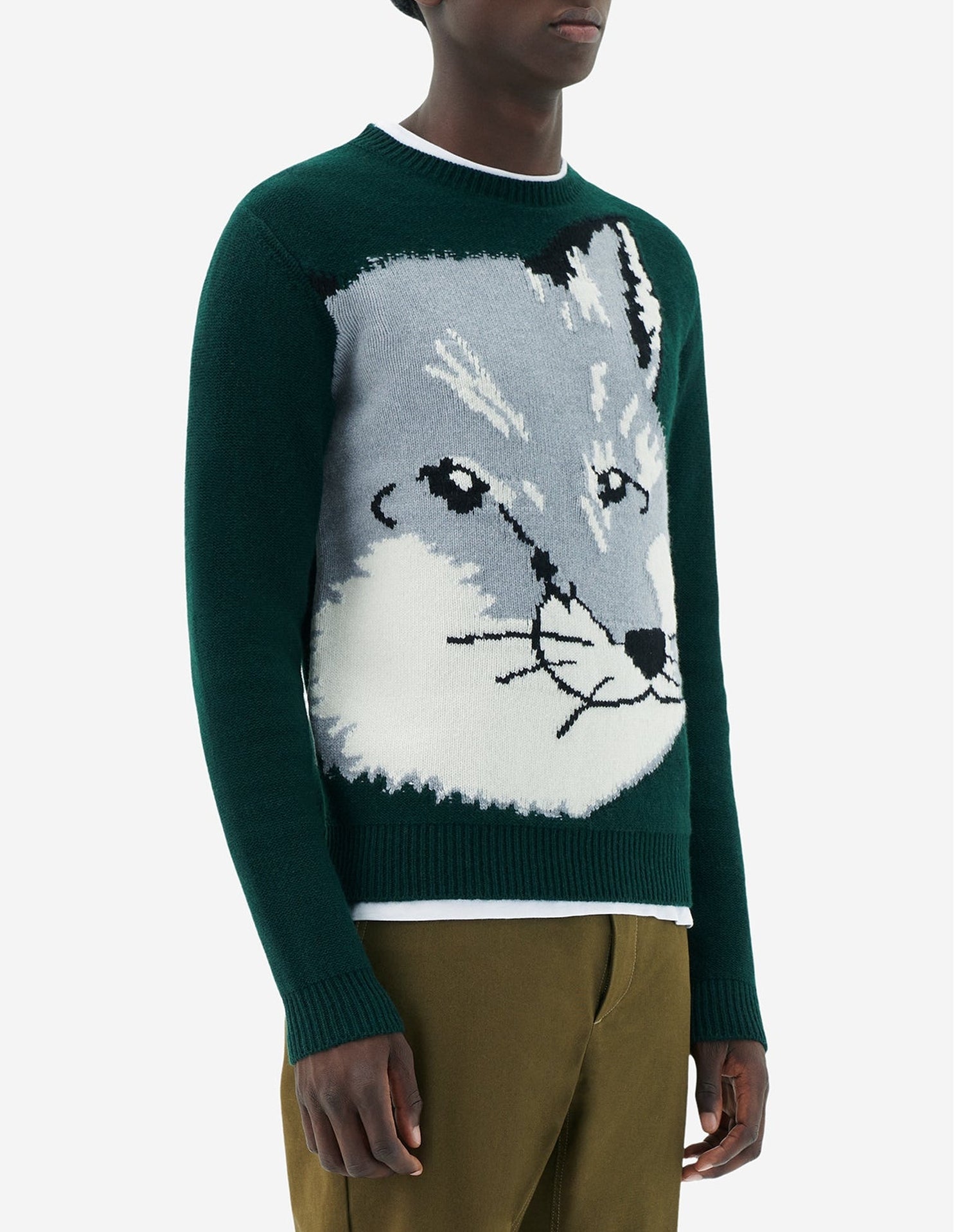 Pull jacquard à manches longues en laine - Dark Green