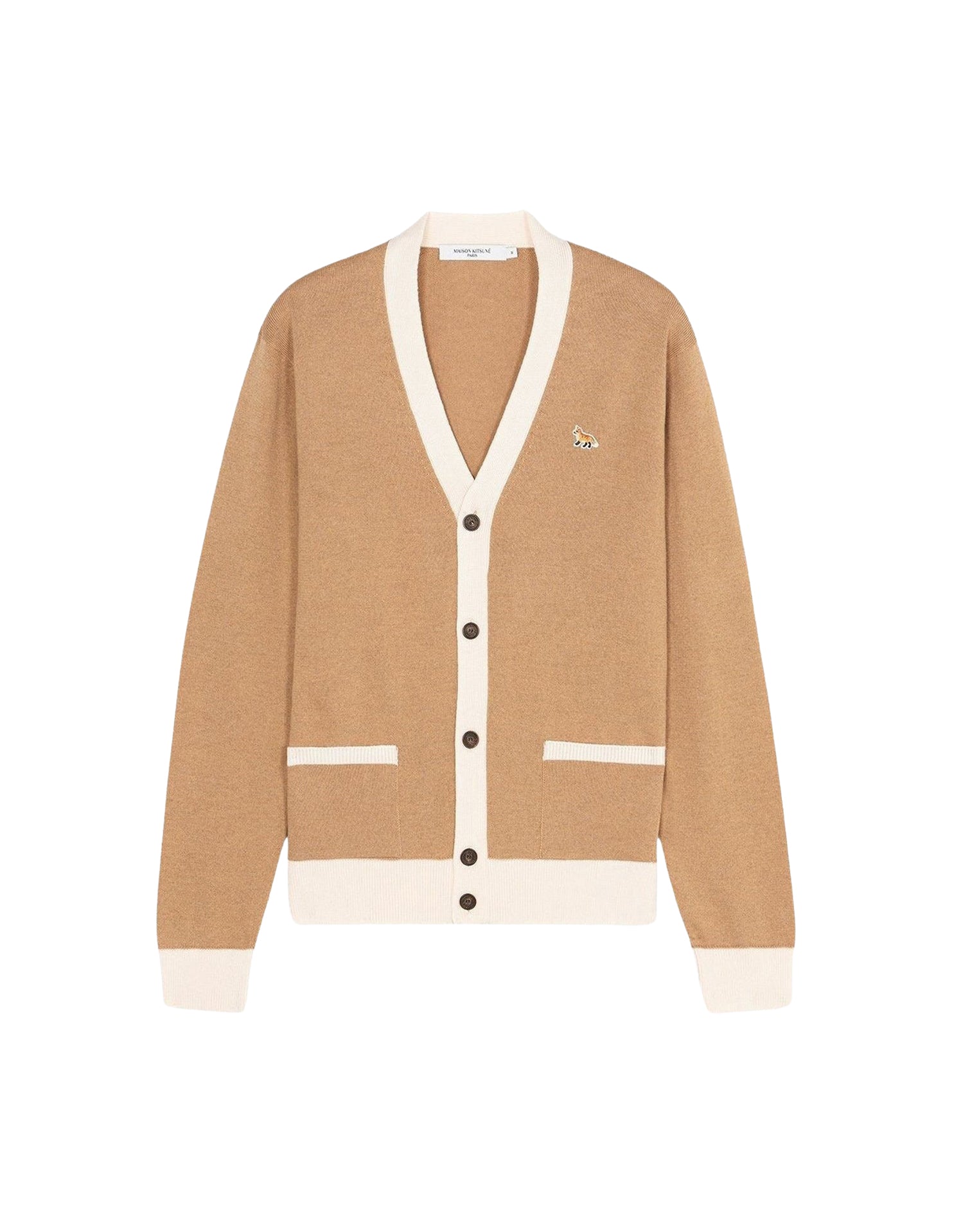 Cardigan Baby Fox à col V et liseré en laine - Beige