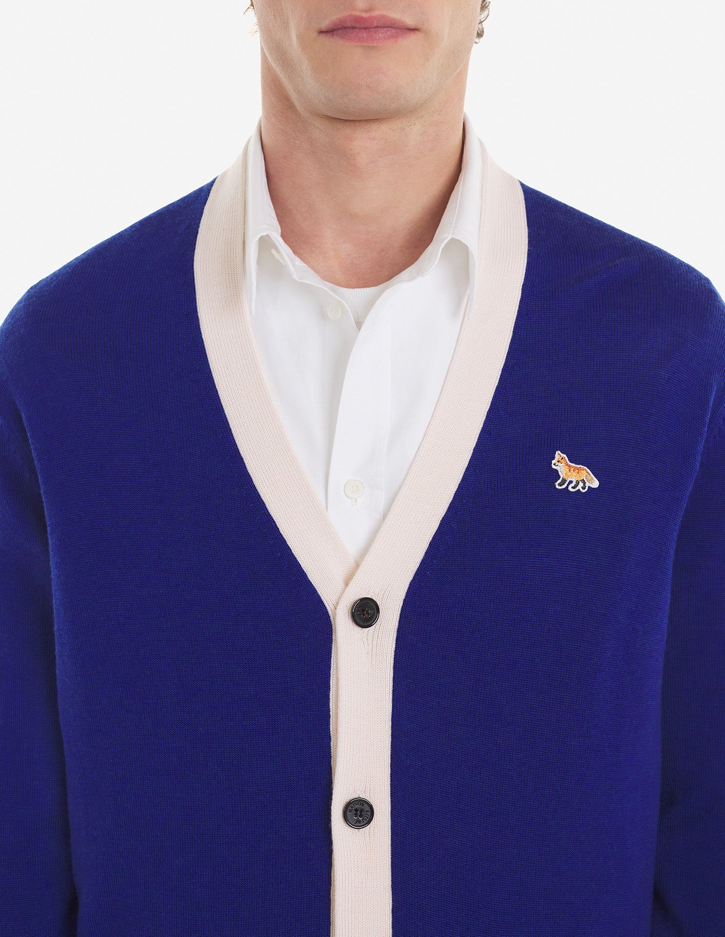 Cardigan Baby Fox à col V et liseré en laine - Deep Blue