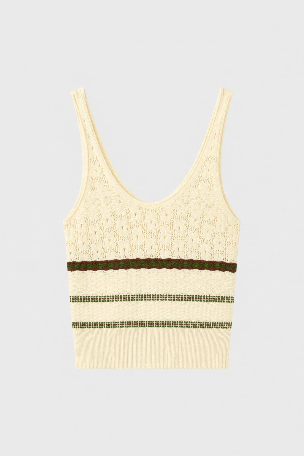 BUTTER, TOBACCO, GREEN MIX STITCH KNIT TOP