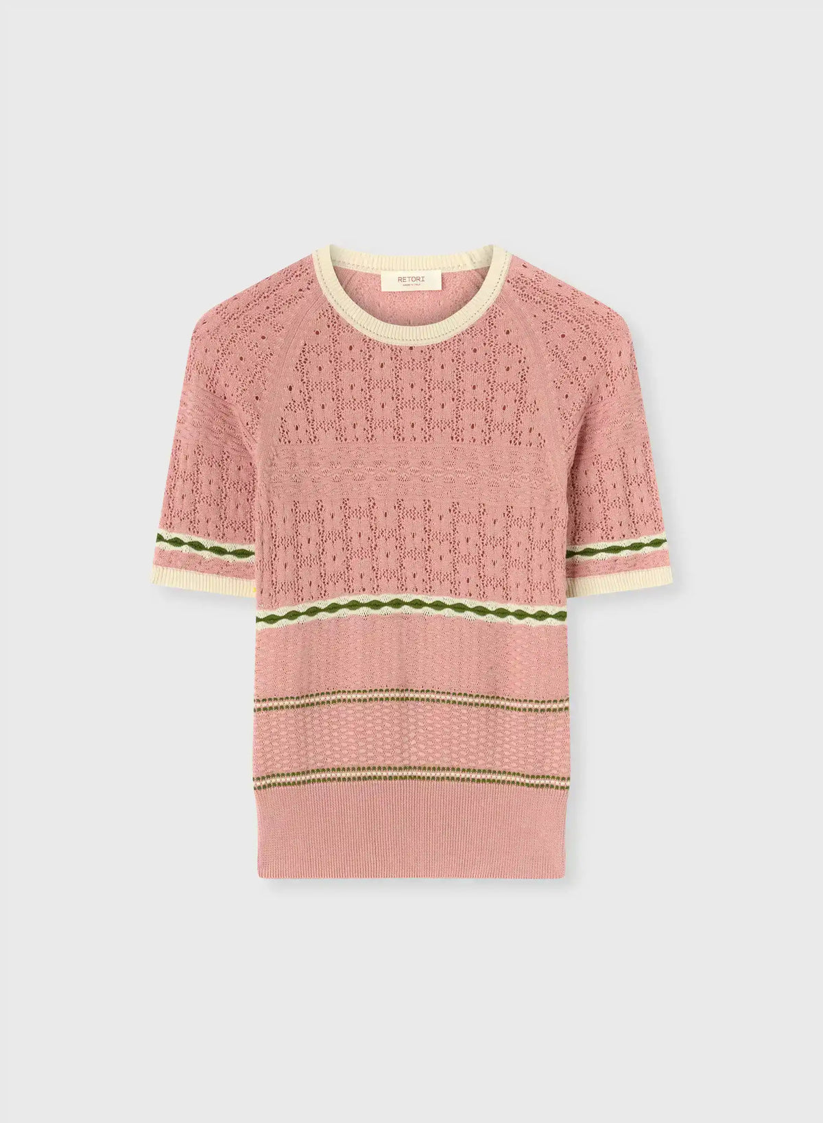 PINK ROSE, BUTTER, GREEN MIX STITCH KNIT T-SHIRT