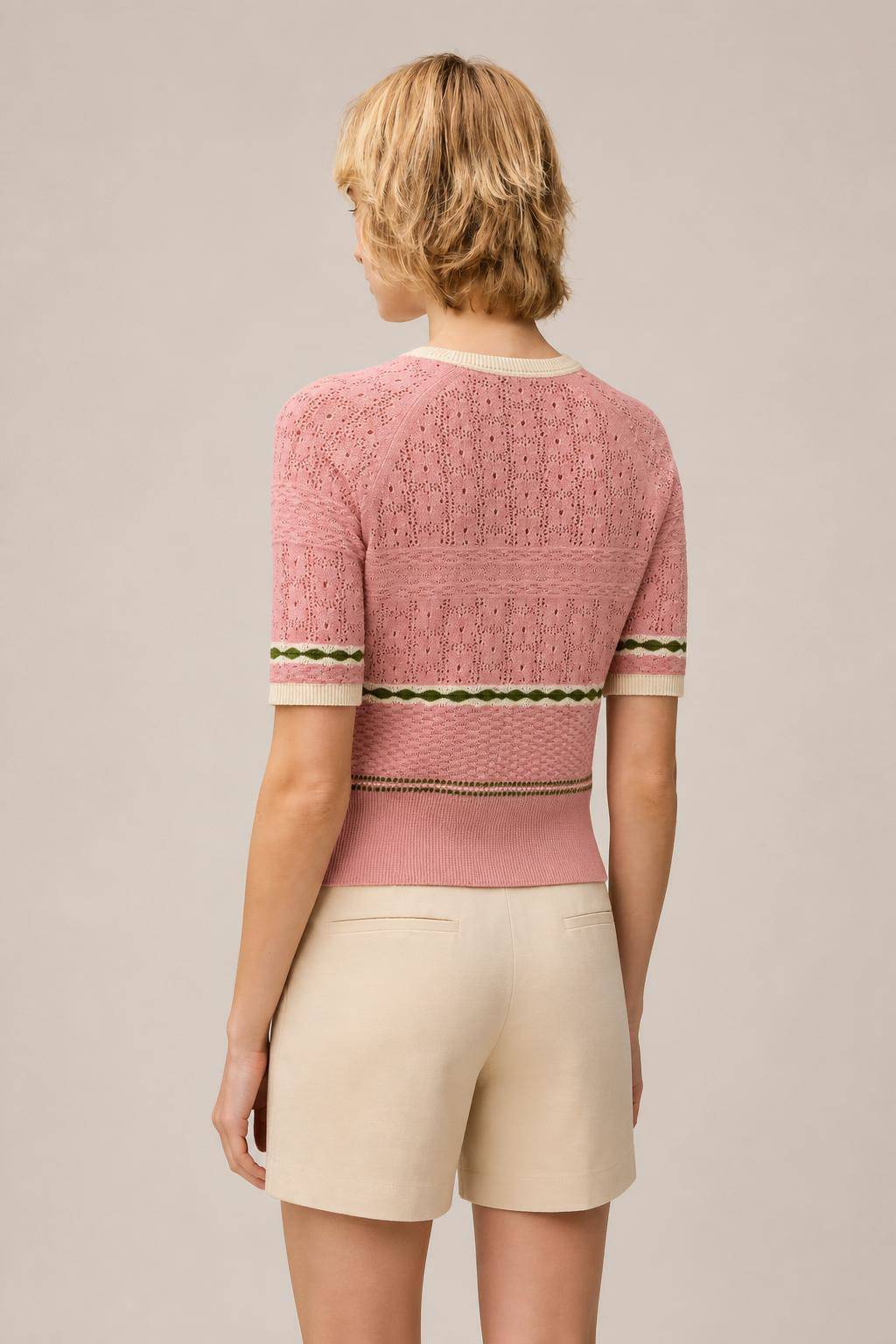 PINK ROSE, BUTTER, GREEN MIX STITCH KNIT T-SHIRT
