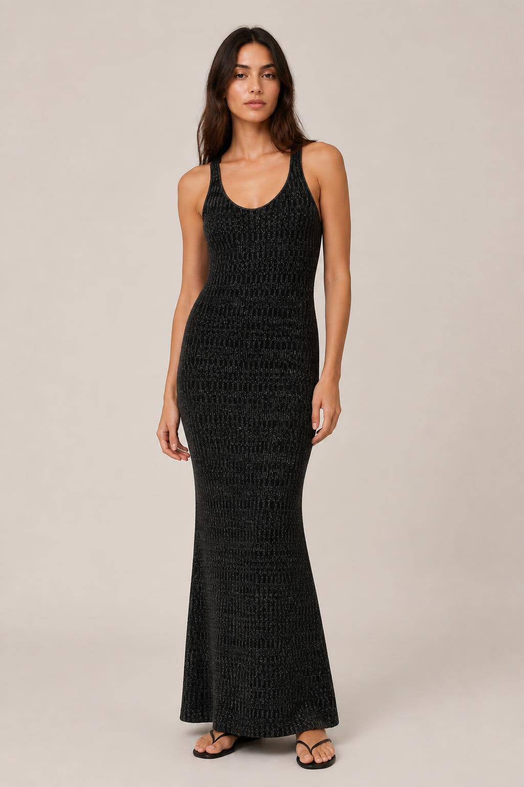 BLACK MICRO-CHECK KNITTED LONG DRESS