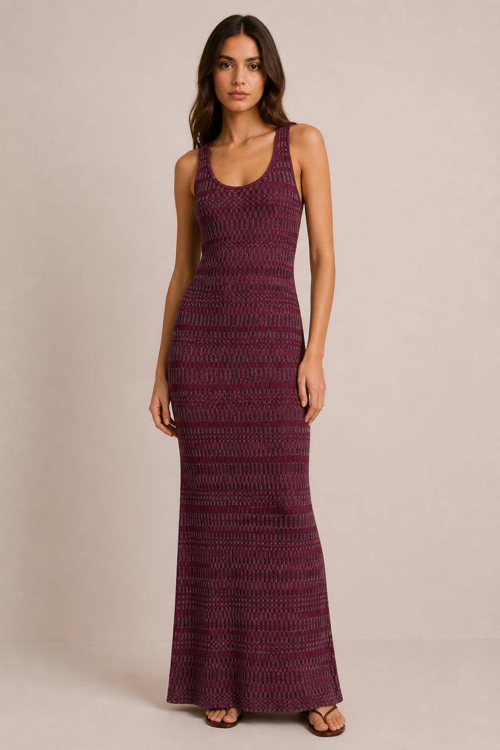 MAUVE MICRO-CHECK KNITTED LONG DRESS