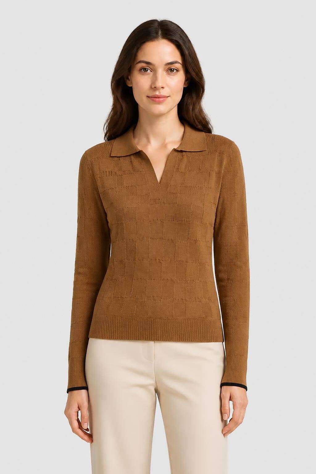 CAMEL AND BLACK KNITTED DAMIER LONG SLEEVES POLO