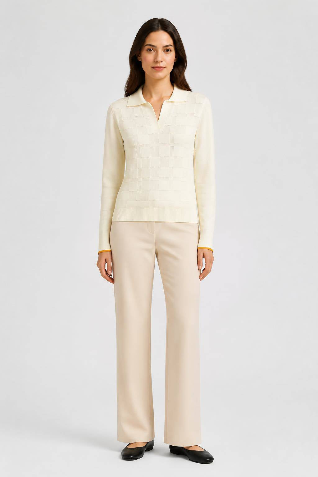 BUTTER AND YELLOW KNITTED DAMIER LONG SLEEVES POLO
