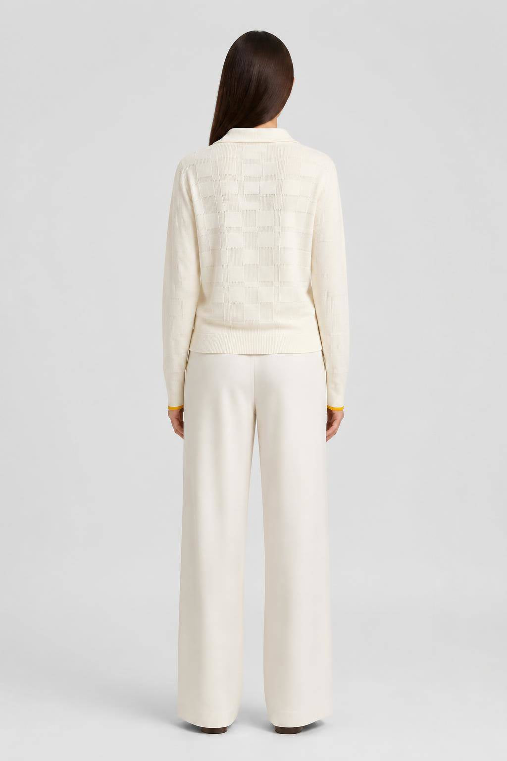 BUTTER AND YELLOW KNITTED DAMIER LONG SLEEVES POLO
