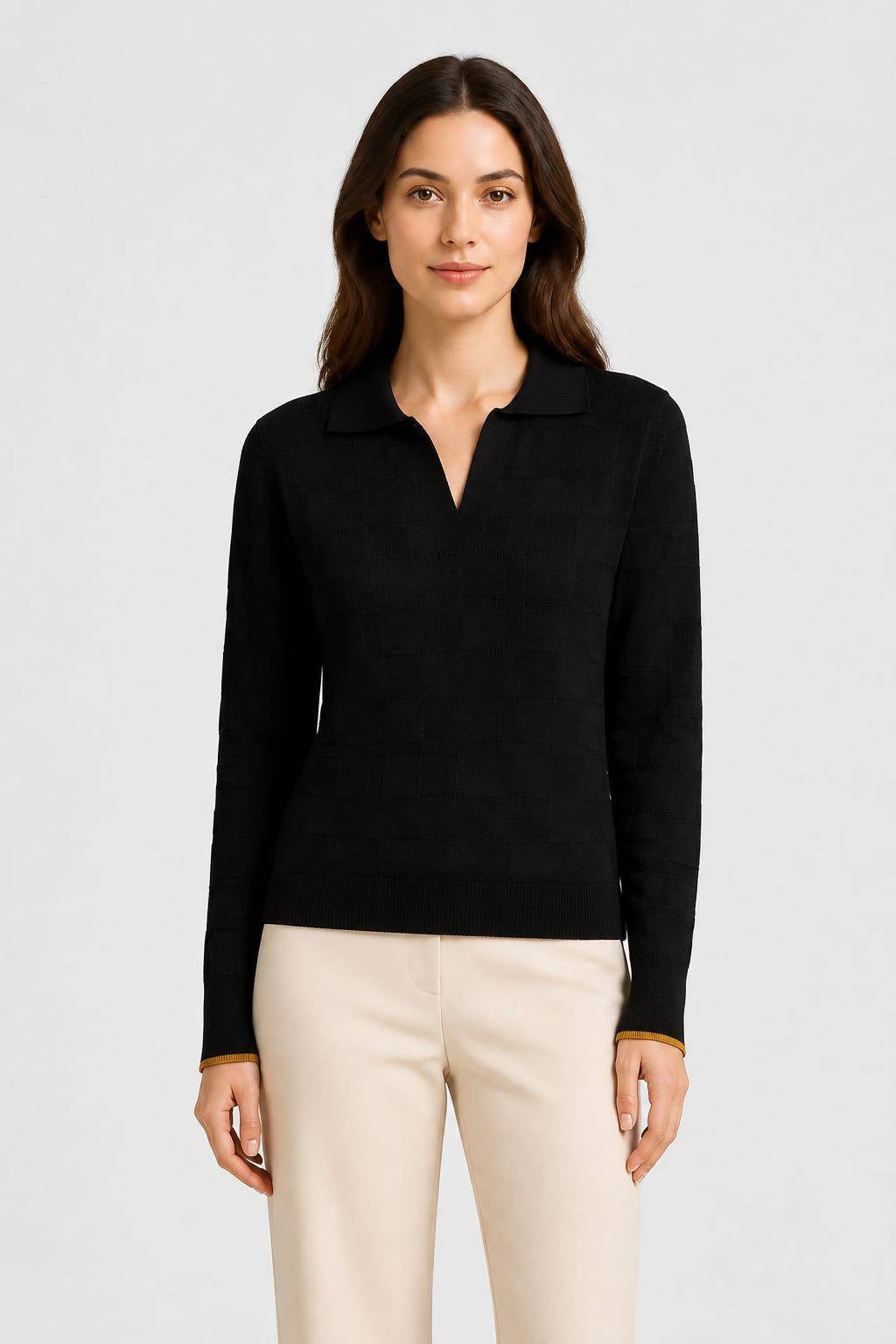BLACK AND CAMEL KNITTED DAMIER LONG SLEEVES POLO
