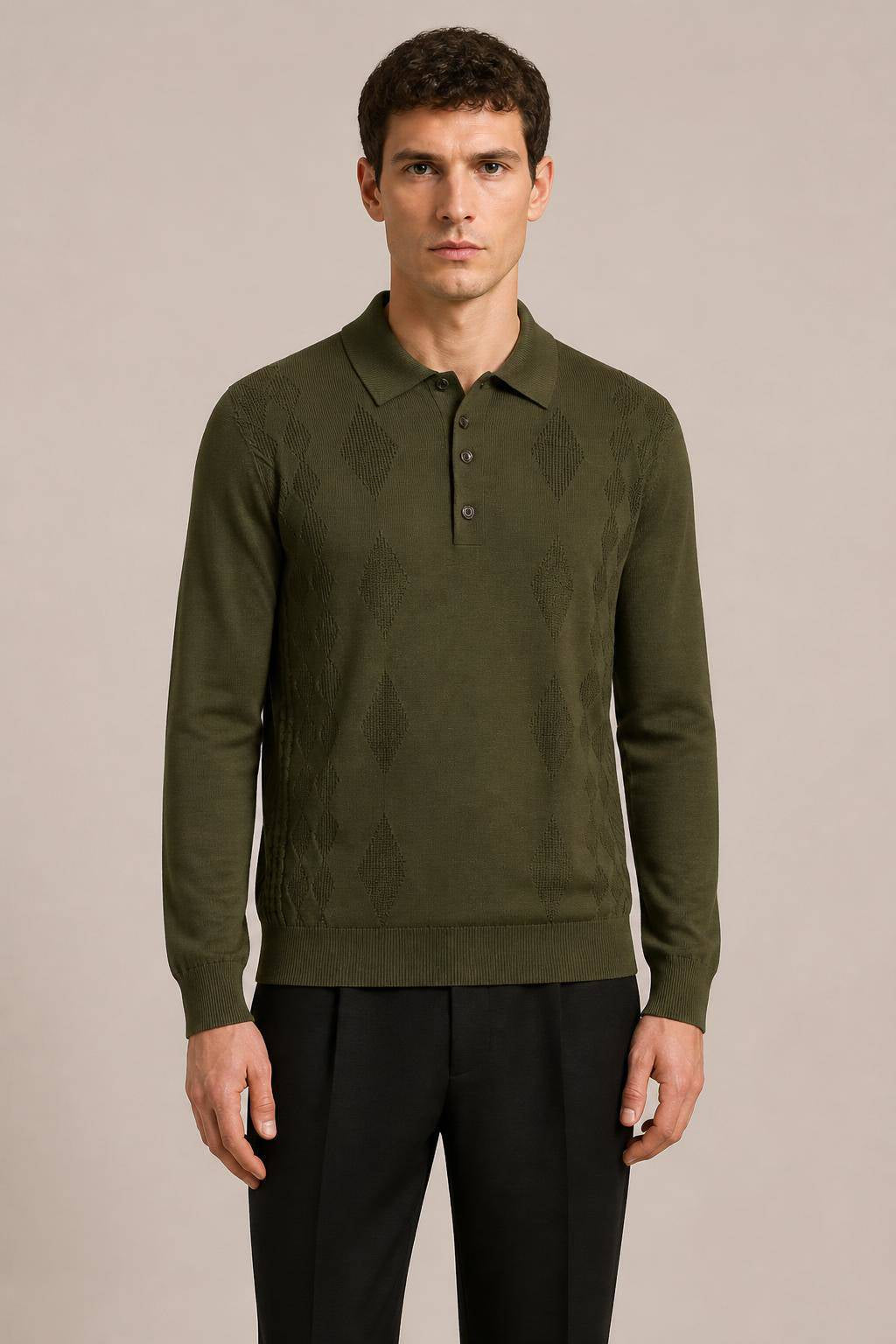 MILITARY GREEN MIXED ARGYLE LONG SLEEVE POLO