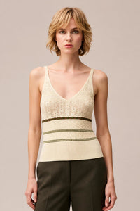 BUTTER, TOBACCO, GREEN MIX STITCH KNIT TOP
