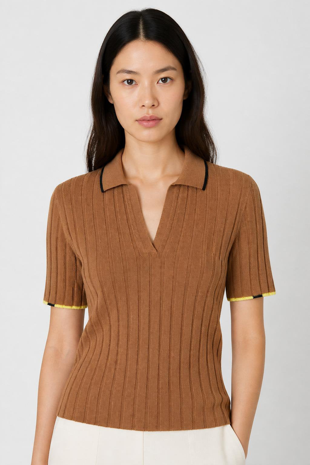 CAMEL + BLACK AND YELLOW CASHMERE RIBBED SHORT SLEEVES POLO