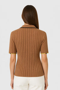 CAMEL + BLACK AND YELLOW CASHMERE RIBBED SHORT SLEEVES POLO