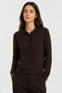 CHOCOLATE DAMIER WOOL AND SILK JACQUARD BUTTON DOWN CARDI WITH SHIRT COLLAR