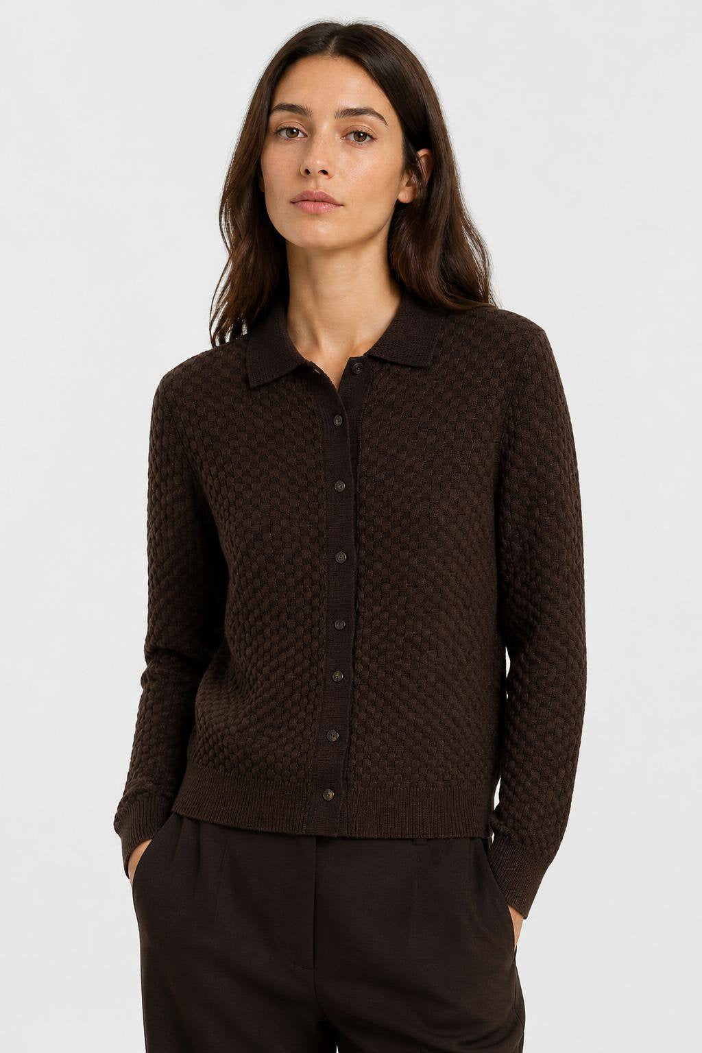 CHOCOLATE DAMIER WOOL AND SILK JACQUARD BUTTON DOWN CARDI WITH SHIRT COLLAR
