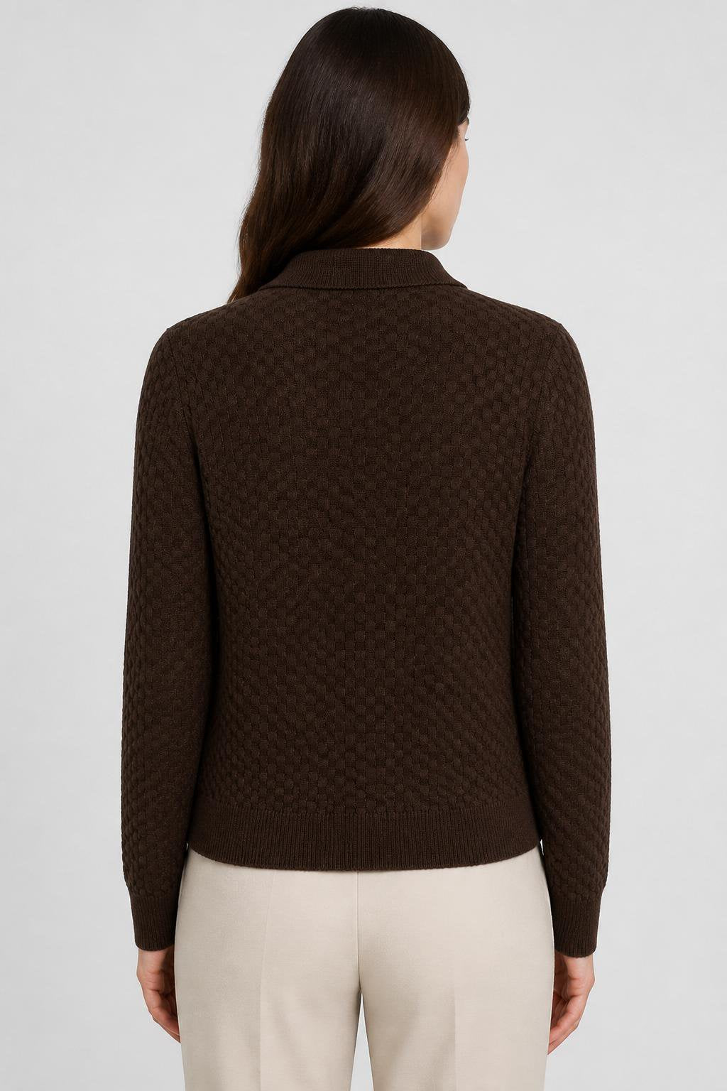 CHOCOLATE DAMIER WOOL AND SILK JACQUARD BUTTON DOWN CARDI WITH SHIRT COLLAR