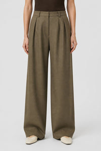GREEN DOUBLE-PLEATED WIDE-LEG PANTS