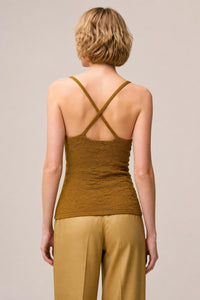 CAMEL JACQUARD KNIT TOP WITH NET DETAIL