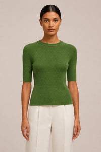 GREEN LIGHT CASHMERE RIBBED KNIT T-SHIRT WITH CROCHET DETAIL