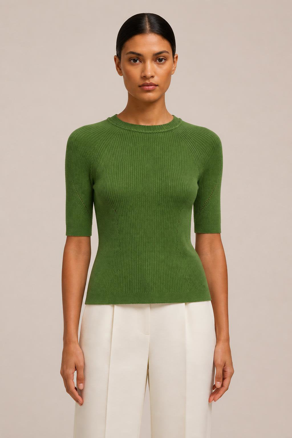 GREEN LIGHT CASHMERE RIBBED KNIT T-SHIRT WITH CROCHET DETAIL