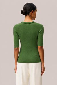 GREEN LIGHT CASHMERE RIBBED KNIT T-SHIRT WITH CROCHET DETAIL